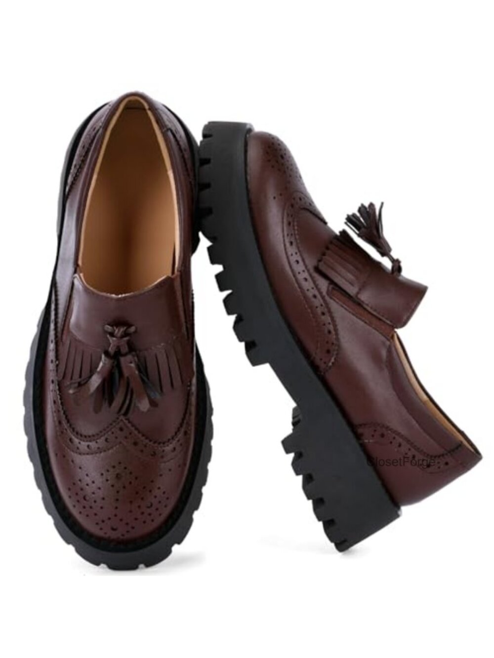 Women's Tassel Platform Loafers Slip On Chunky Heel Work Shoes Round Toe